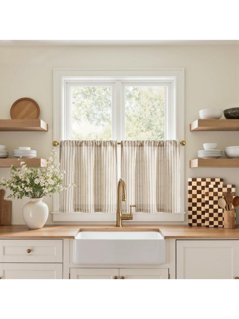Striped Linen Kitchen Tier Curtains, 20 Inch, Tan, 2 Panels - Stylish Home Decor